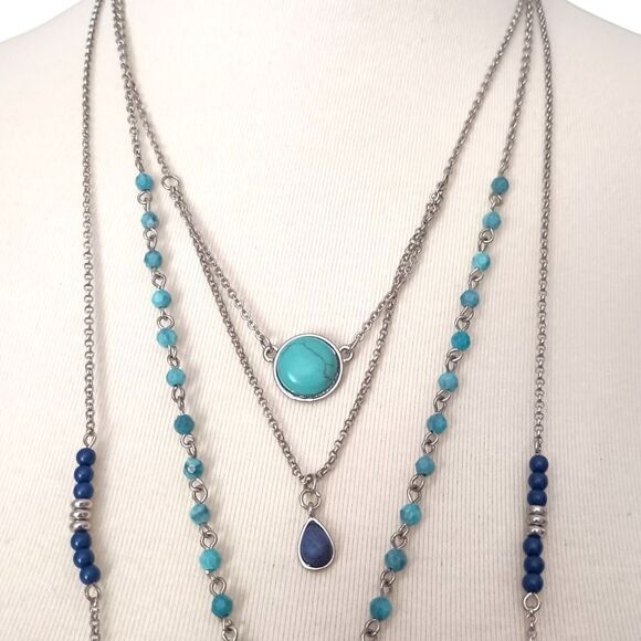 Multi Layered Beaded Chain Necklace Ocean Blues Aqua Silver Tone Western Boho. - Picture 1 of 16